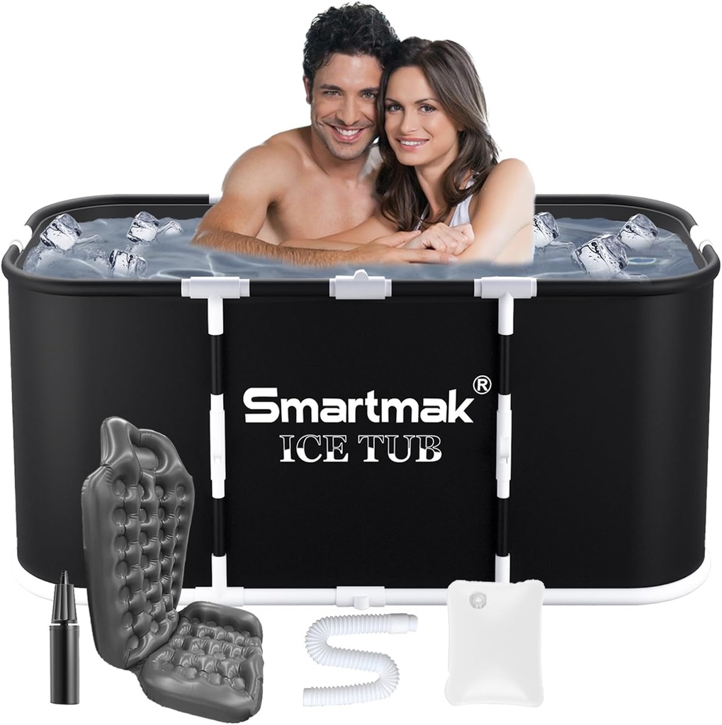 Smartmak Ice Bath Tub with Cover, Portable XL Large Cold Plunge Tub for Athletes, Cold Water Pod Tub Therapy and Recovery, Cold Immersion Training Baths at Home Outdoor Plunge Pool, Black