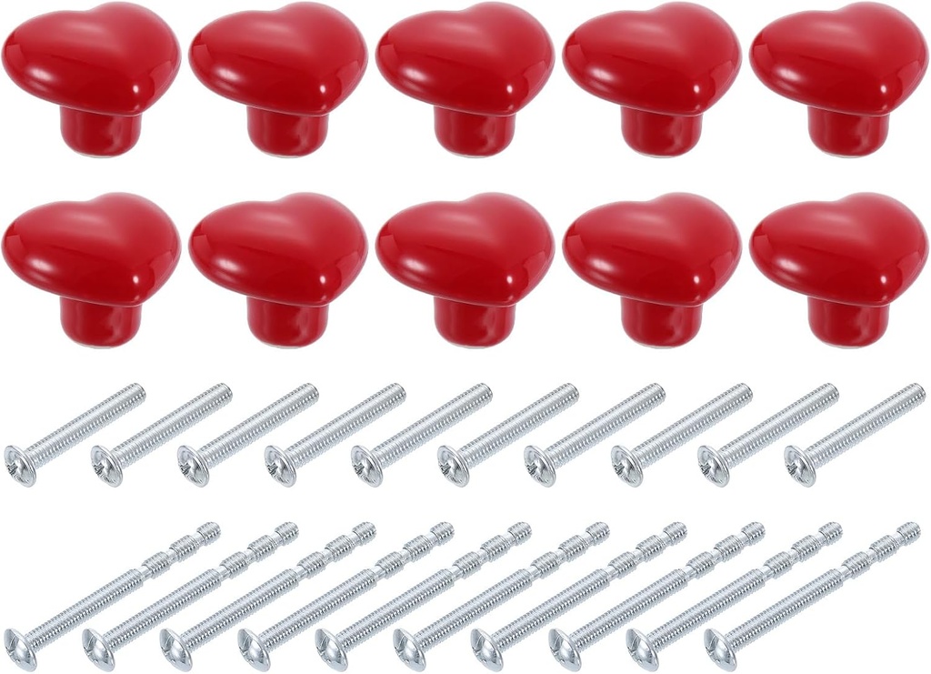 uxcell Ceramic Cabinet Knobs, 10 Pcs Red Heart Shaped Drawer Knobs, 36mm/1.42" Dresser Knob Pulls Handle with Screws for Vanity, Bedroom Furniture, Closet, Cupboard