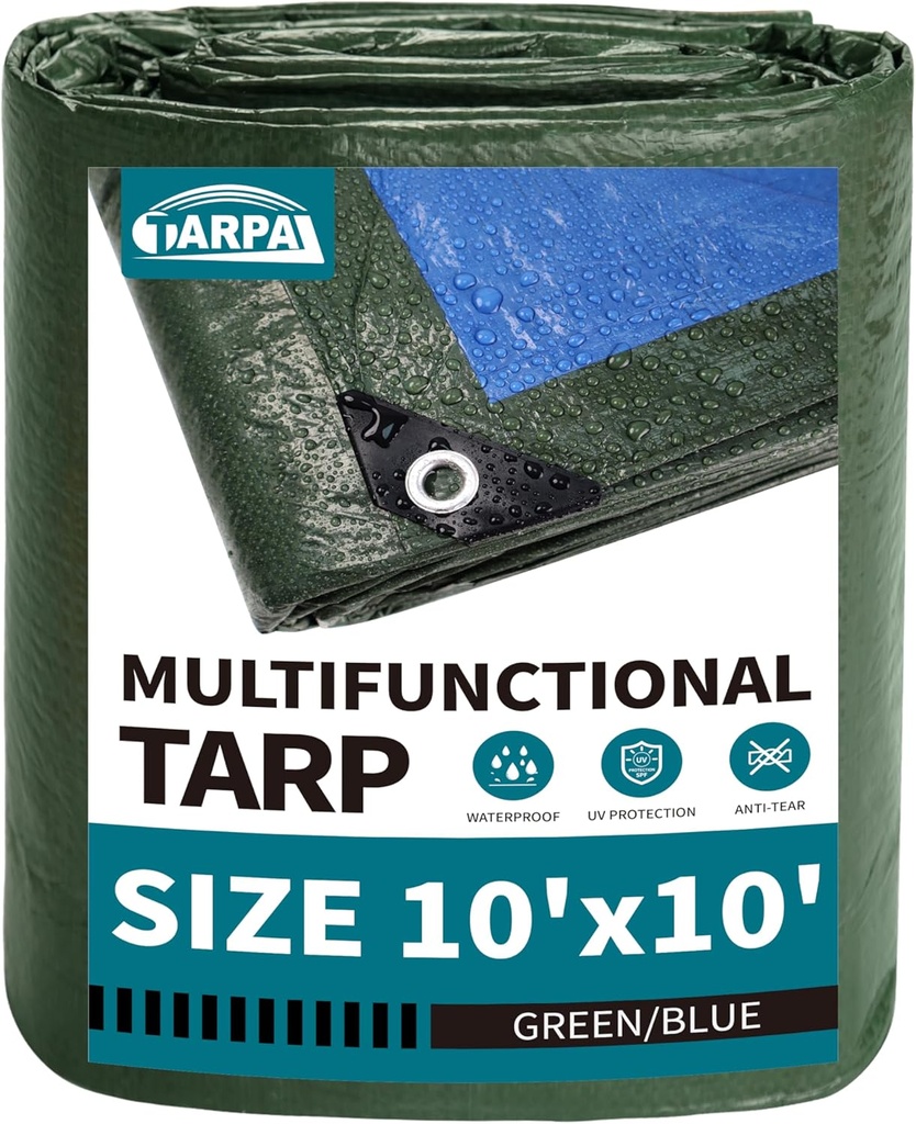 TARPAL 10x10 Feet Green Tarp Waterproof 6mil Small tarps Multipurpose Protective Cover All Purpose Poly Tarps Cover for Firewood Outdoor Furniture etc