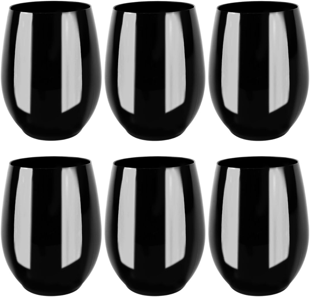 Blue Sky Stemless Goblets Black 6 Count - 12 oz Plastic Disposable Glassware for Party and Events