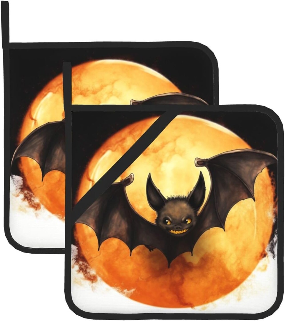 Halloween Bat Pot Holders Set of 2,Heat Resistant Kitchen Potholder Non-Slip Cotton Lining Oven Hot Pads for Microwave Cooking Baking BBQ
