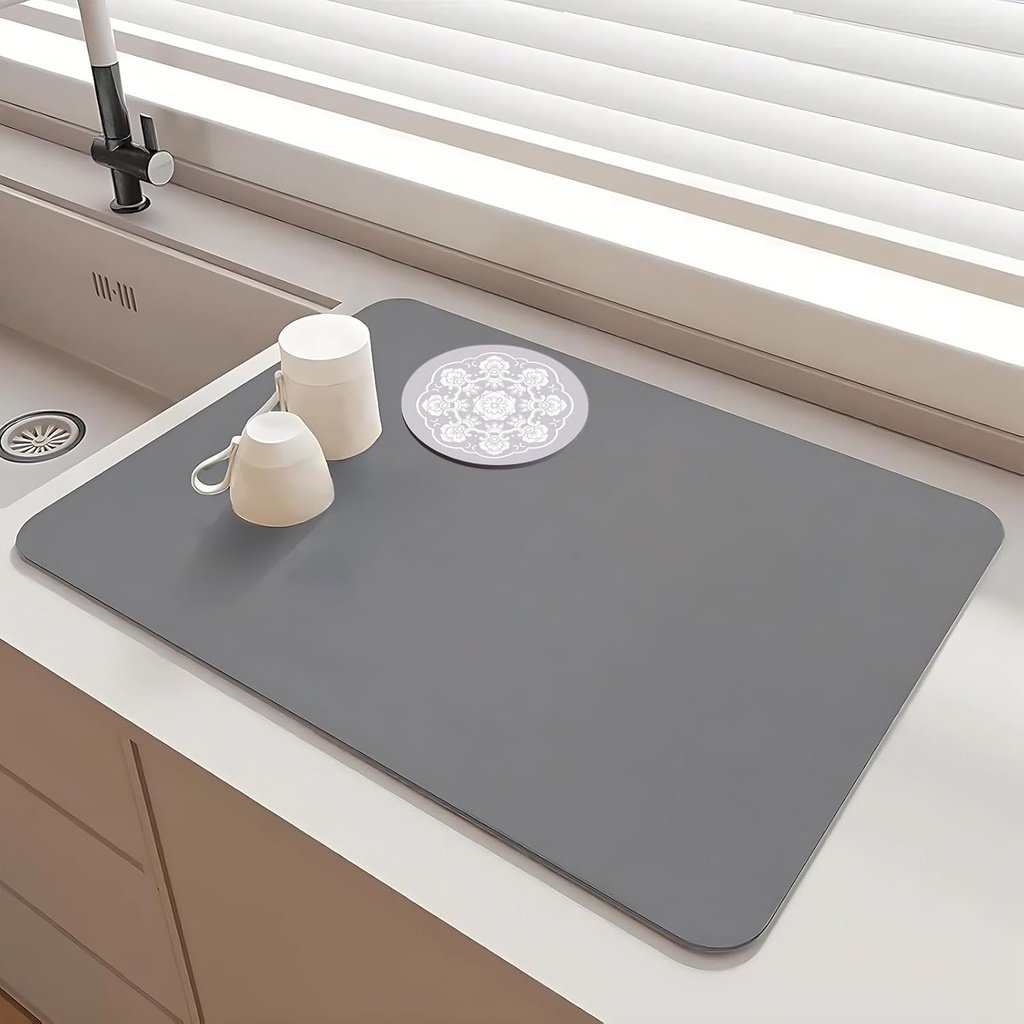 Coffee Mat Dish Drying Mat Quick Drying Hide Stain Rubber Backed Absorbent Coffee Bar Accessories 16"x20" Light Grey