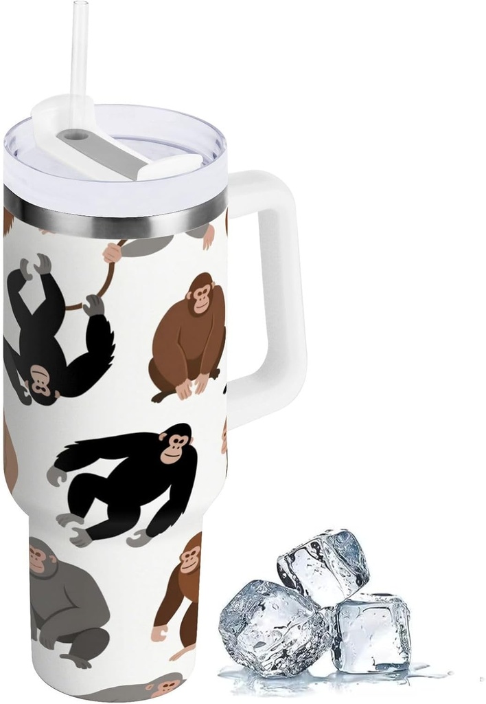 Wildlife Animal Orangutan Monkey Tumbler with Handle 40 oz Travel Mug with Lid and Straw Stainless Steel Vacuum Insulated Water Bottle Cup for Iced Tea Coffee Cold Beverages Cup Holder Frie