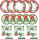 Holly Jolly Party Supplies 200 Count, Mistletoe Disposable Dinnerware Set - Dinner Plates, Dessert Plates, Luncheon & Dessert Napkins for Merry Christmas Decorations