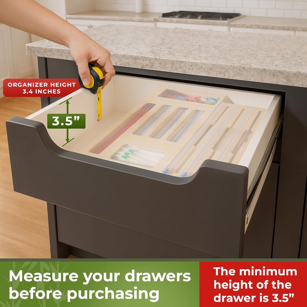 Kitchen Drawer Organizer, 9 in 1 Sandwich Storage Bag Organizer & Foil Wrap Dispenser - Fits Gallon, Quart, Snack - Plastic Bag Storage for Kitchen Organization [Measure Your Drawer Before Ordering]