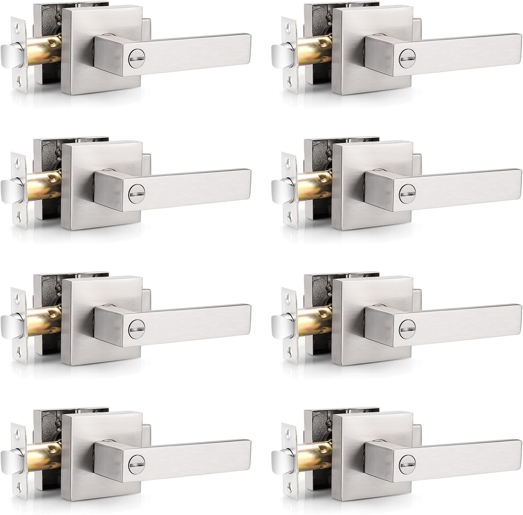 Probrico Interior Brushed Nickel Door Handle, Heavy Duty, Flat Square Privacy Door Handles, Keyless Door Levers Lockset for Bedroom and Bathroom (8 Pack, Modern)