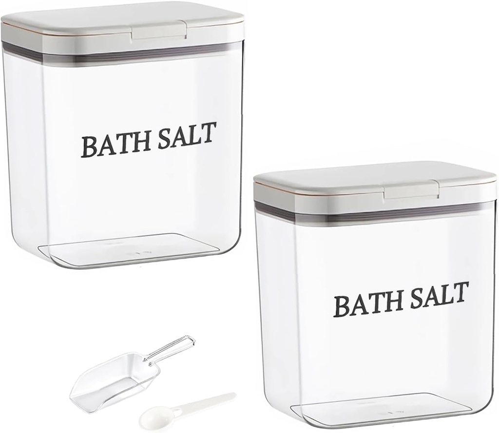 2 Pack Salt Container,2 L Bath Salt Container With Scoop Set,Plastic Salt Cellar Dispenser Jar,Candy Laundry Spoon With Lid Storage,Clear Cookie Holder,Airtight Cute Bathroom Pods Box Clear