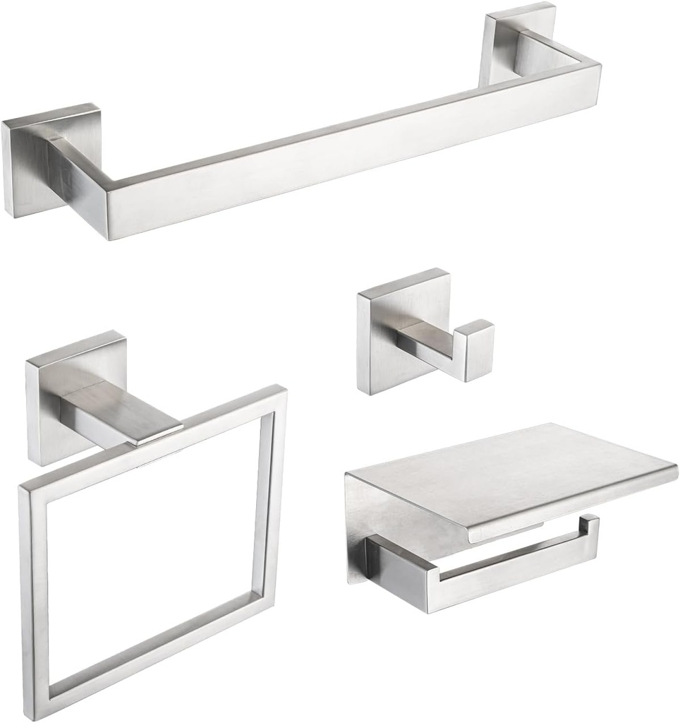 4-Pieces Bathroom Accessories Set, Towel Bar Towel Racks Towel Holder Toilet Paper Holder Stainless Steel Bathroom Hardware Set Wall Mounted Towel Racks for Bathroom, Brushed Nickel, 16 Inch
