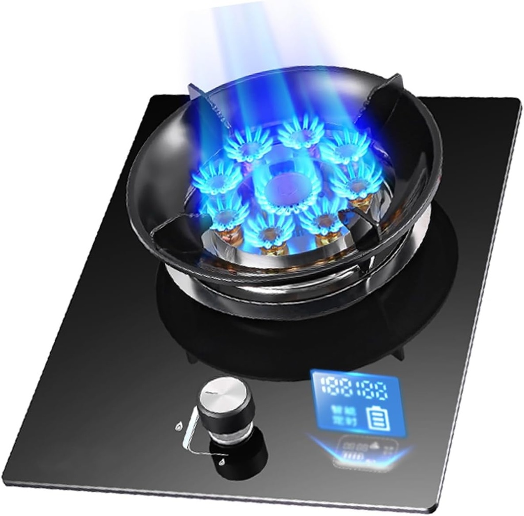 Gas Stove 1 Burner,5.2KW Nine-Cavity High-fire Timer,Gas/LP Gas Conversion Stove,Tempered Glass Cast Iron Pot Rack,with Flameout Protection,for Home Kitchen Motor Home Camp(LPG)