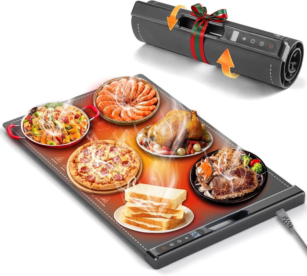 Warming Mat for Food, Electric Warming Tray, Silicone Food Warming Mat with 7 Temperature Levels & 1-4H Timer, Auto Shut-Off, Rollable & Portable, 23.62"*14.96" Food Warmers for Parties, Buffet, Gray
