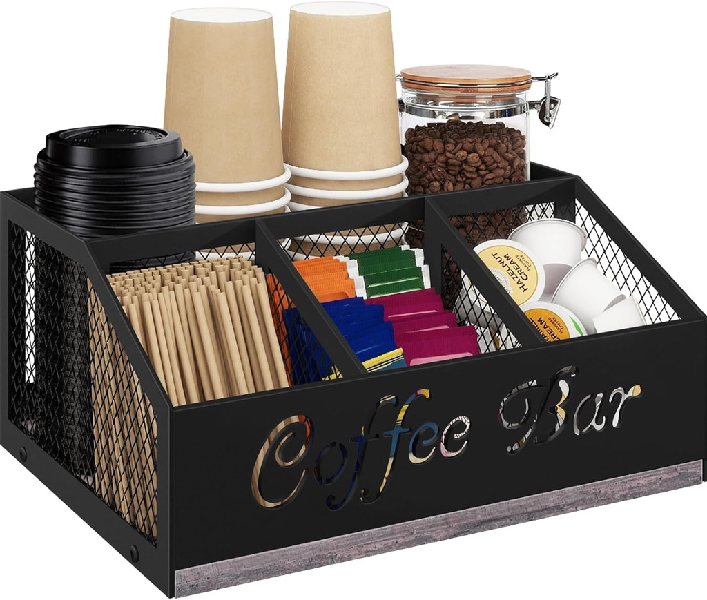 Coffee Bar Organizer for Countertop, Wooden Counter Station Organizer with Metal Mesh Basket, Coffee Bar Accessories Decor for Pods Condiment Syrup Tea Sugar, Gray