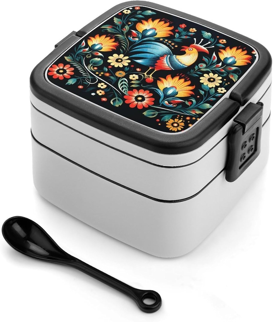Polish Folk Art Pattern Bento Box Double Layer Lunch Box for Adults with Spoon And Handle Stackable Lunchbox Leakproof Lunch Container for Work Picnic Travel