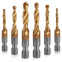Junreox 6 Pack Combination Drill and Tap Set, Professional HSS Titanium Thread Tap Drill Bit Set in SAE 6-32nc 8-32nc 10-32nc 10-24nc 12-24nc 1/4-20nc, Quick Change Screw Tapping with 1/4” Hex Shank