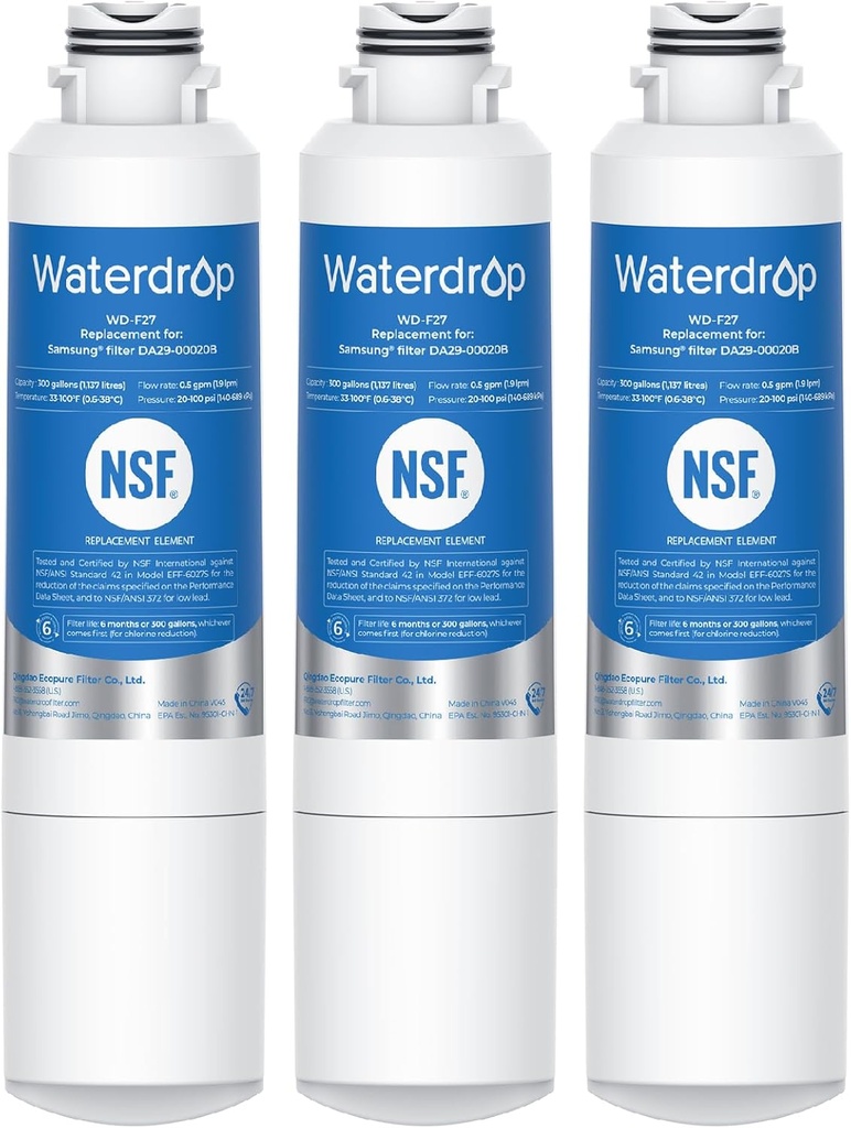 Waterdrop DA29-00020B Refrigerator Water Filter, Replacement for Samsung HAF-CIN/EXP, DA29-00020A/B, DA29-00020B-1, RF263BEAESR, RF28HMEDBSR, RF263TEAESG, RF4287HARS, 3 Filters (Package May Vary)