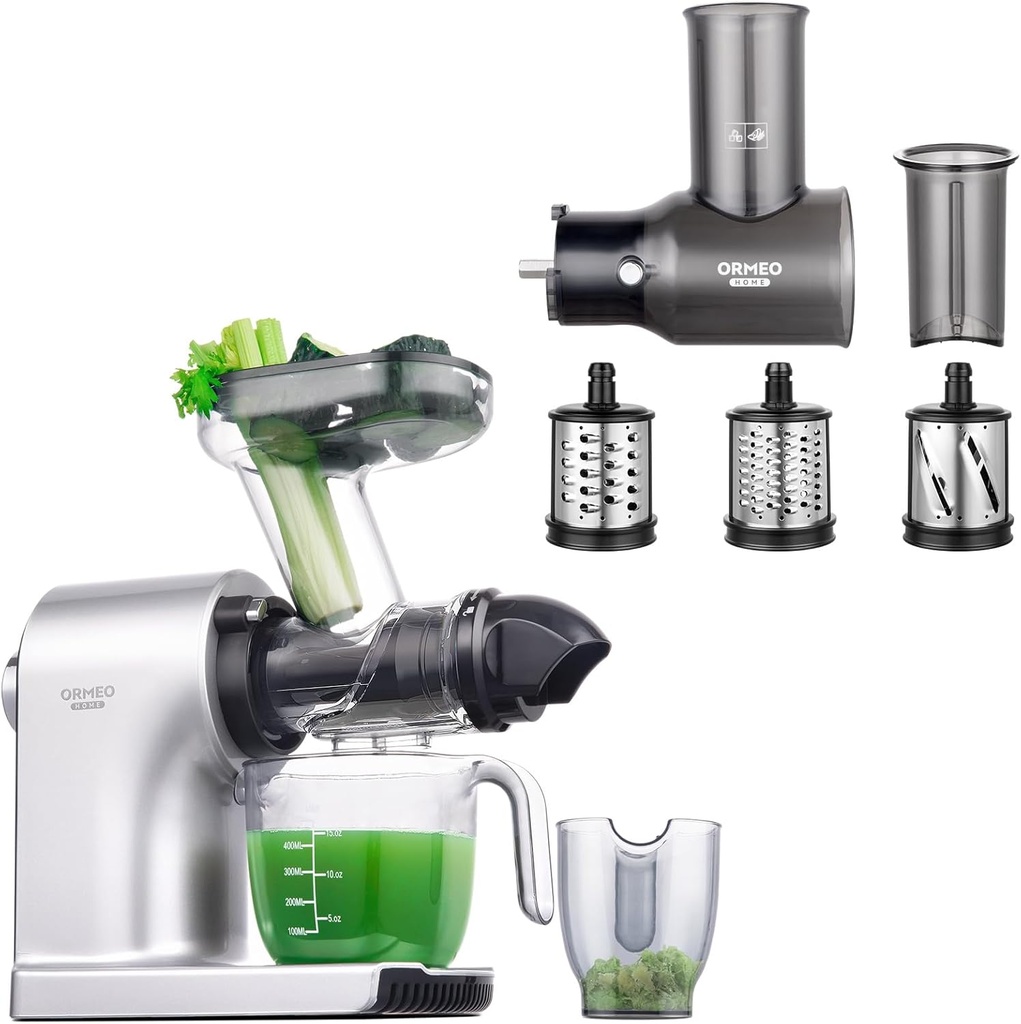 Slow Juicer Bundled with Slicer Shredder Attachments,Juicer Machine With Silent Motor and Reverse Function,3 Interchangeable Stainless Steel Blades,for Juicing & Shredding