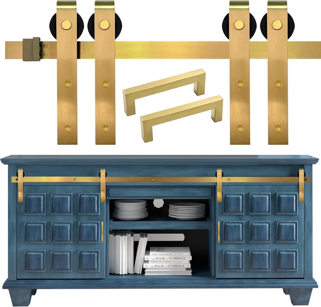 Rio Salto Mini Barn Door Hardware Kit with Handles 60" Track Set Gold Double Cabinet Sliding Barn Small Hardware Set TV Stands Wardrobe Track Kit NO Cabinet Included (Gold, 5FT Track Kit (Double Door)