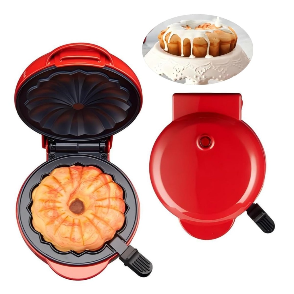 Cake Maker Machine for Lava Cake, Mini Donuts, Waffles, Pancakes - Breakfast, Snacks, Desserts - Non-stick Surface, Double-sided Heating, Red