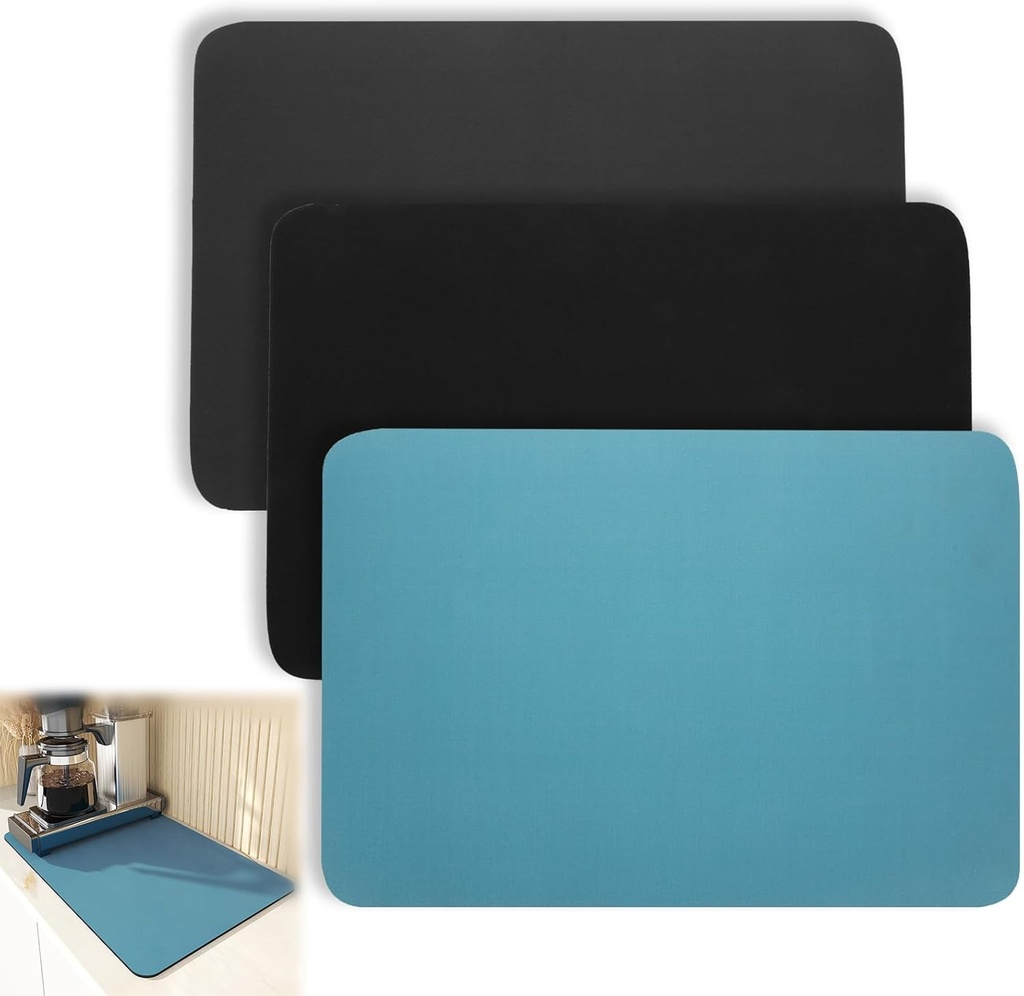 3 Pcs Dish Drying Pad, 12"x16" Absorbent Kitchen Counter Mat, Hide Stain Rubber Backed (Dark Blue, Grey, Black)