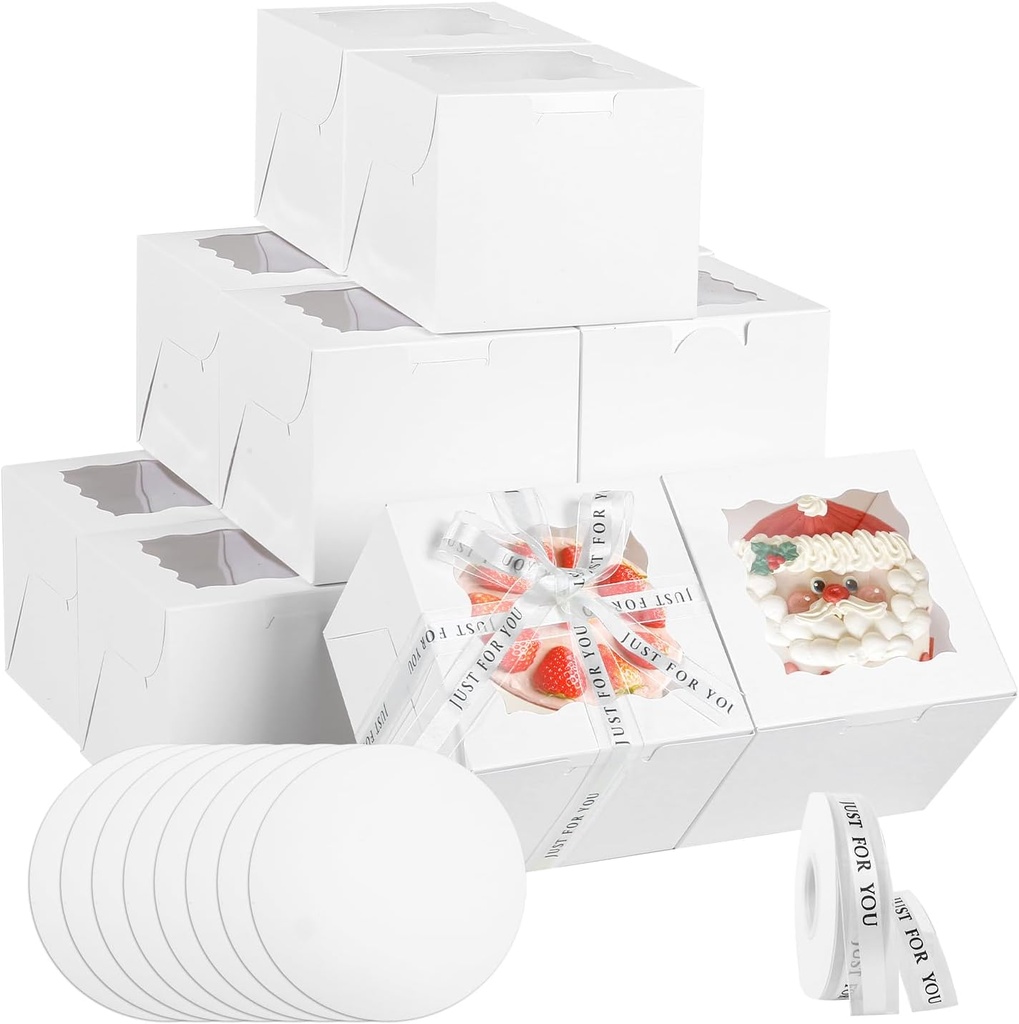 JCD 48PCS 7x7x5 inch Mini Cake Boxes with Cake Boards, White Bakery Boxes with Window for Pastries,Cake Containers with Ribbon for Cookies Macaroons Pies Gifts and Birthday Party(7 * 7 * 5inch/24pcs)