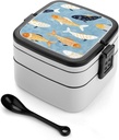 Fish Hand Drawn Bento Box Adult Lunch Box All-in-One Lunch Containers with Removable Compartments Double Layer Bento Lunch Box with Spoon And Handle Stackable Lunchbox