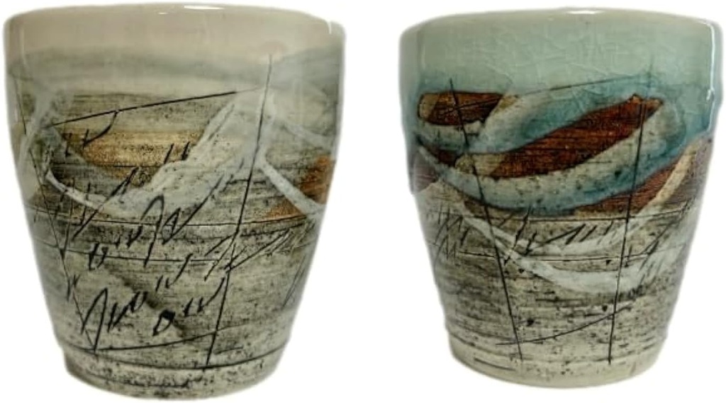 Hand-made Japanese Ceramic Yunomi Tea cups Set, Versatile Cups Engraved with Lines Pattern Blue and White for Hot Green Tea, Sake, Set of 2 from Japan M58456