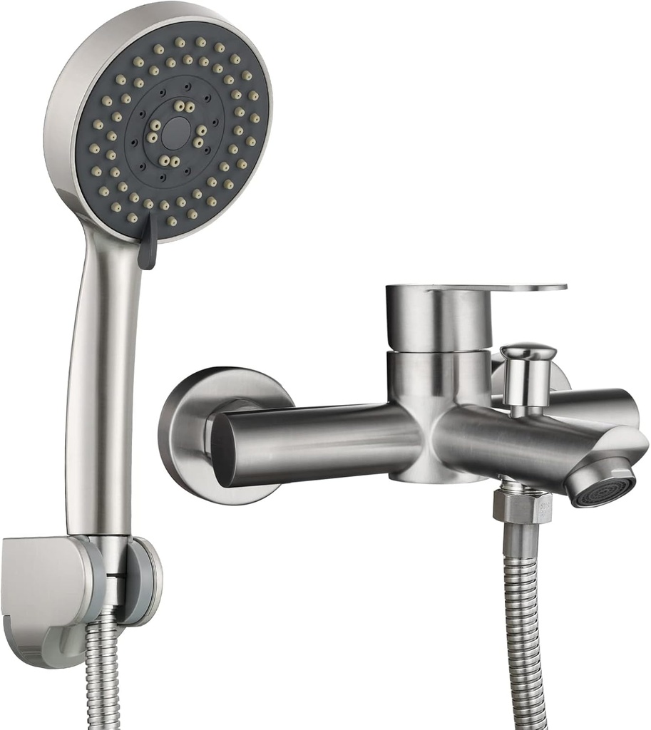 Tecmolog Wall Mount Bathroom Faucet Set Stainless Steel Bathtub Faucet with Handheld Shower and Hose Brushed Nickel, SNA516F3