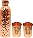 Pure 1 Copper Water Bottle With 2 Copper Glass Drinkware Set Water Storage Item Copper Utensils Kitchen Item- (1000 ML Bottle, 300 ML Glass Each)