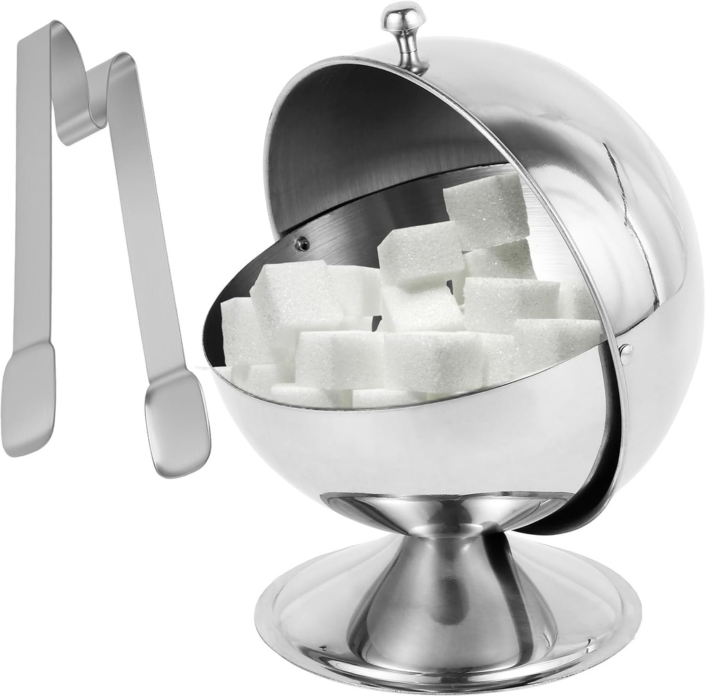 Stainless Steel Sugar Bowl with Roll Top, Spherical Candy Bowl, Sugar Cube Holder, Reusable Candy Jar Cookies Mints Holder with 5.31 Inch Tong for Home Kitchens Coffee Bar Dining Table