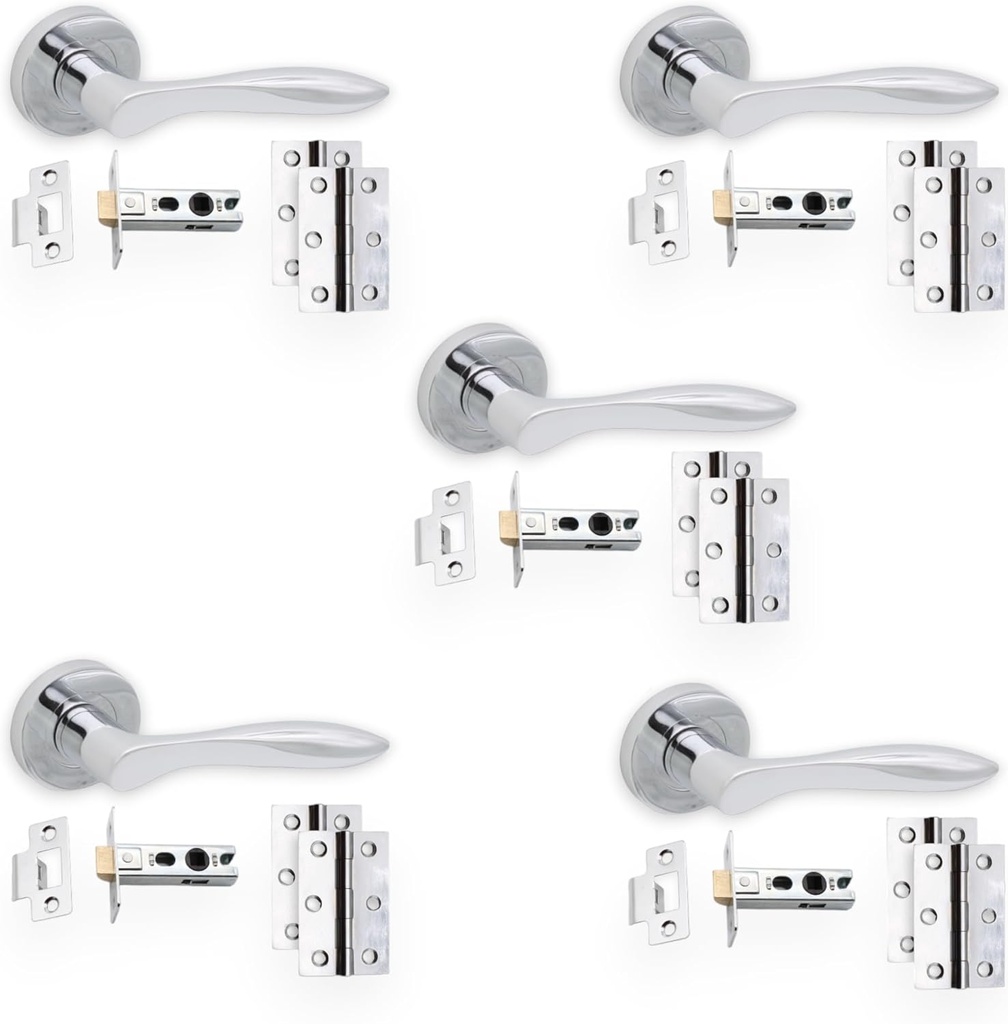 5 Set Internal Satin Chrome Lever on Rose Solid Brass Door Handles Latch & Hinges Bell