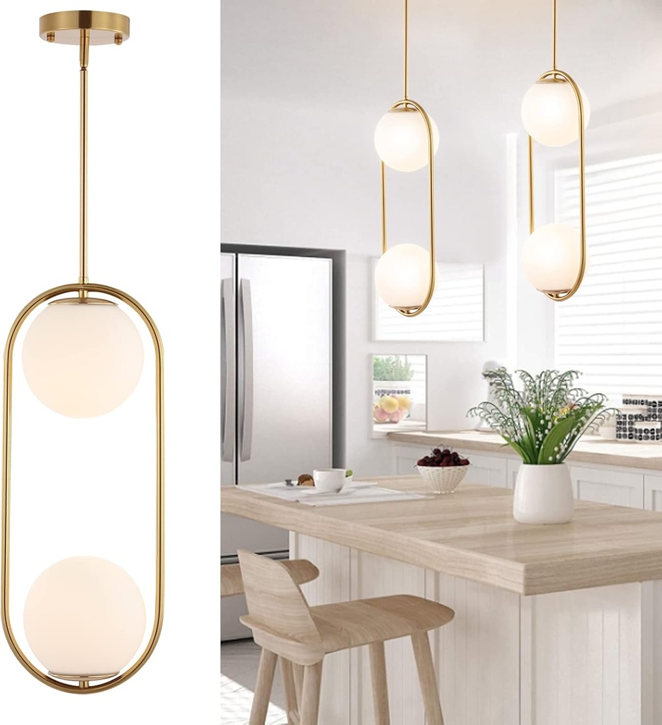 Modern Gold Globe Chandelier 2-Lights Mid Century Pendant Light Brushed Brass Ceiling Hanging Lighting Fixture with White Globe Glass Lampshade for Kitchen Island Dining Room Bedroom