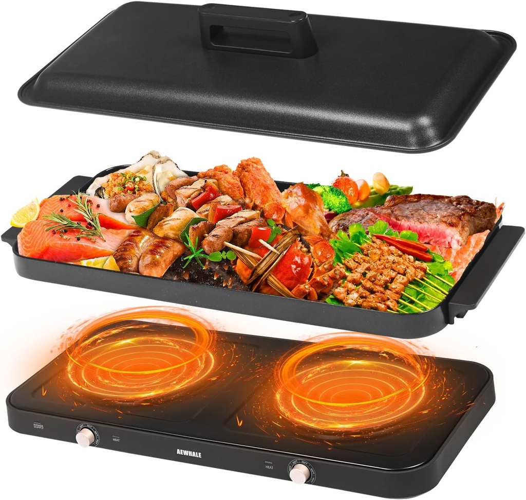 AEWHALE Portable Double Electric Burner with Removable Cast Aluminium Griddle Pan Non-stick,1800 W Hot Plate for Cooking, Independent Temperature Control for Family Party