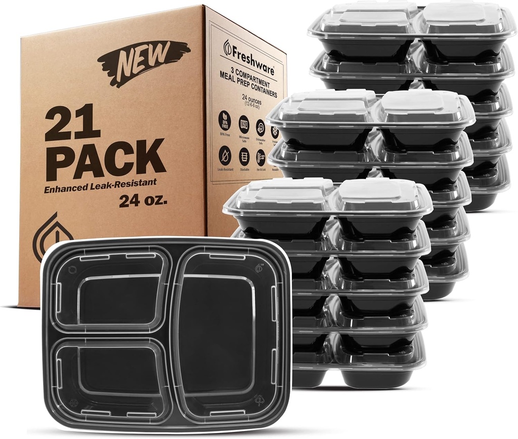 Freshware Meal Prep Containers [21 Pack] 3 Compartment with Lids, Food Storage Containers, Bento Box, BPA Free, Stackable, Microwave/Dishwasher/Freezer Safe (24 oz)