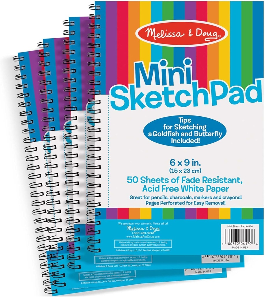 Melissa & Doug Mini-Sketch Pad, Spiral-Bound Drawing Paper, 4-Pack Bundle for Coloring, Writing or Painting (6 x 9 inches) 50 Sheets Each, Kids Drawing Pad & Art Supplies for Kids Ages 3+