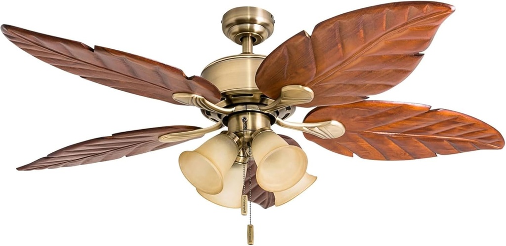 Honeywell Ceiling Fans Royal Palm, 52 Inch Tropical LED Ceiling Fan with Light, Pull Chain, Three Mounting Options, Hand Carved Solid Wood Blades - Model 50504-01 (Aged Brass)