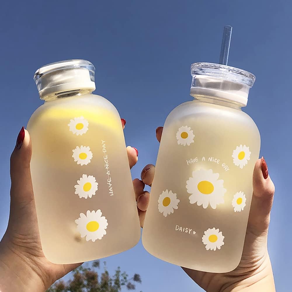 480ml Milk Juice Cute Water Bottle with Scale 2 Lids Little daisy Matte Portable Transparent Water Cup Glass Bottles Creative Handy Cup (1Pcs Six Flowers)
