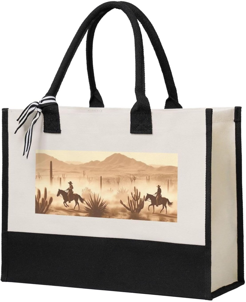 Canvas Tote Bag for Women Beach Tote Purse Reusable Grocery Bag West Desert Cactus with Cowboys Riding Horses Aesthetic Shopping Bags