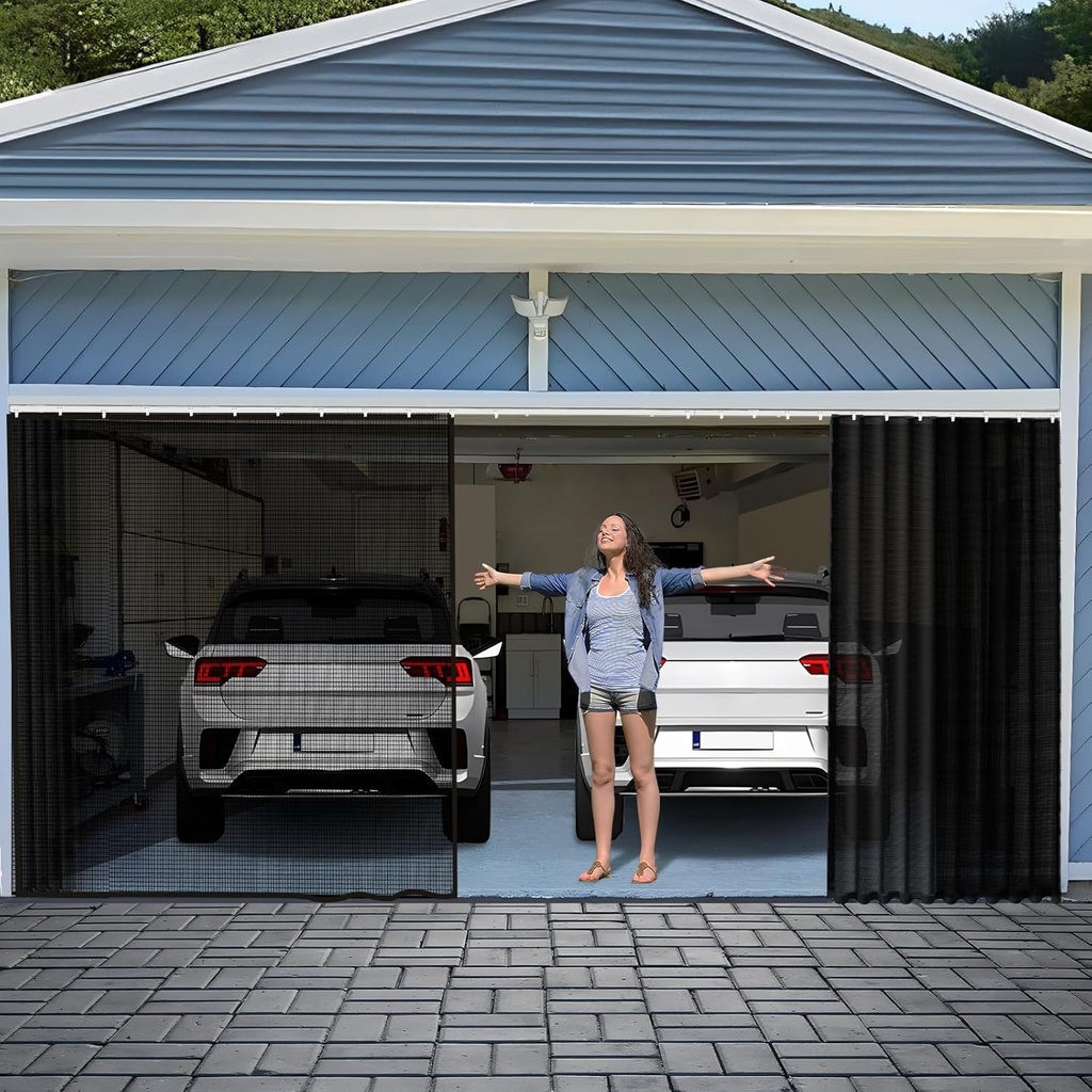 Sliding Garage Door Screen 2 Car with Track Closure,16x7Ft Garage Door Retractable Privacy Curtain Keep Annoying Animals Out Easy Install Heavy Duty Fiberglass Mesh Net for Opening Garage 03B