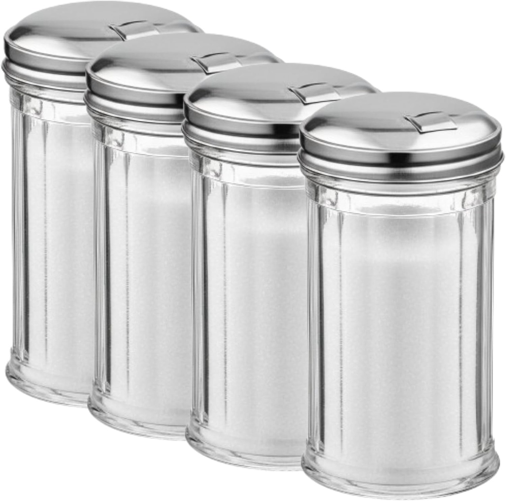 (Pack of 4) Sugar Shaker, Stainless Steel Pour-Flip Lid 12 Oz Clear Durable Plastic Sugar Jar Sugar Dispenser With Pour Spout Sugar Container For Coffee Bar Accessories And Organizer Geex Depot