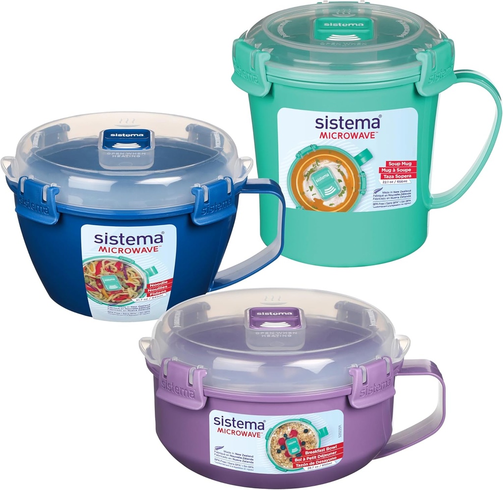 Sistema Microwave Containers | Soup Mug, Porridge Bowl & Noodle Bowl | Food Containers With Steam Release Vents | BPA-Free | Red | 3 Count