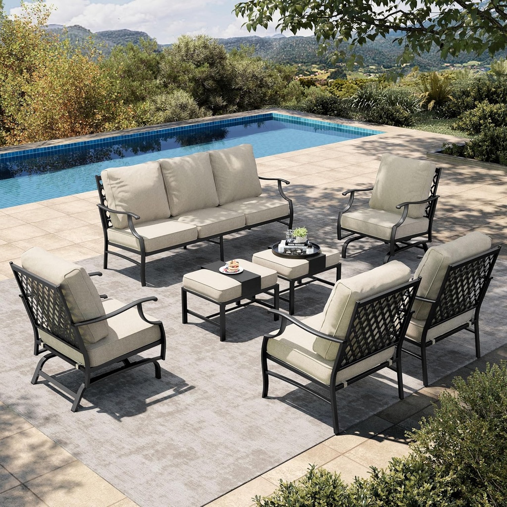 HERA'S HOUSE 7 Piece Patio Furniture Set, 2 x Rocking Chair, 2 x Fixed Chair, 2 x Ottoman, 1 x 3-Seat Sofa, All Cushioned 9 Seats Outdoor Conversation Set for Lawn Garden Backyard