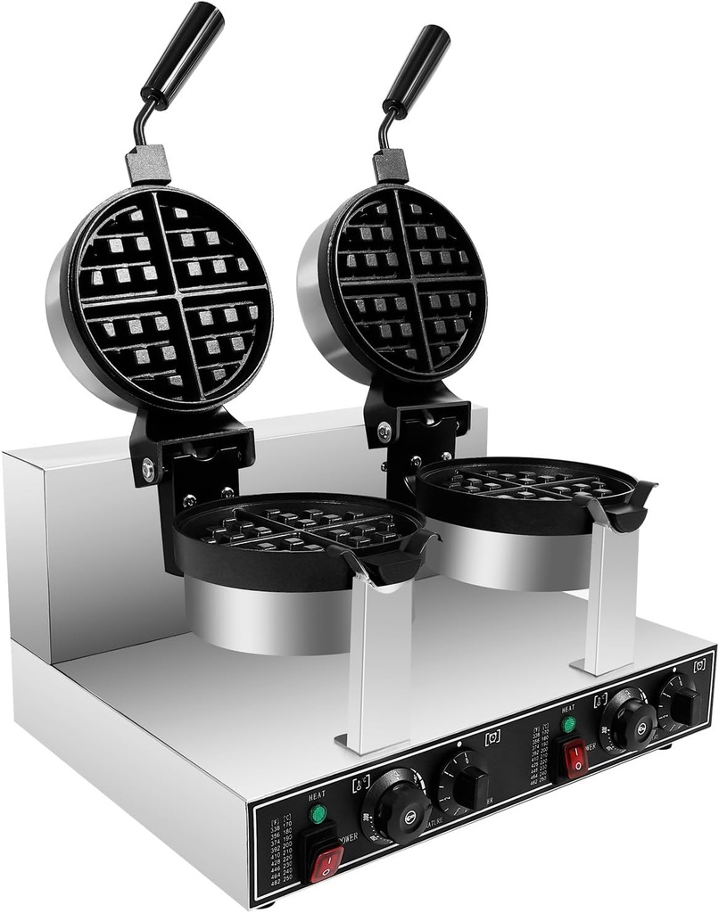 110V 2600W Commercial Double Waffle Maker with Two Non-Stick Baking Pans, Iron Stainless Steel Waffle Machine, Tabletop Large Waffle Maker for Home, Dessert Stores, Restaurants(Silver+ Black)