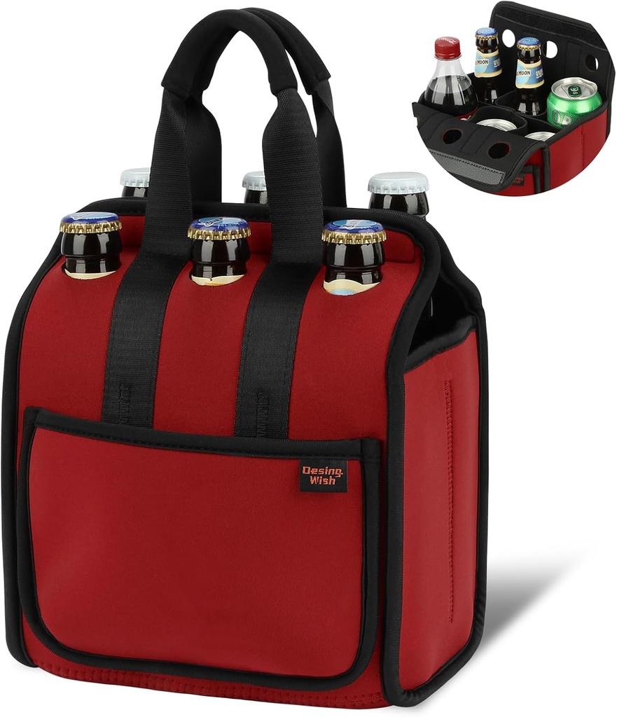 Desing Wish Portable Drinks Tote Bag for 6 PCS Beverage Cans/Bottles, Neoprene Insulated Drinks Can Bottle Carrier Tote Beverages Cans Cooler Bag Holder for Camping, Picnic, Party (Red)
