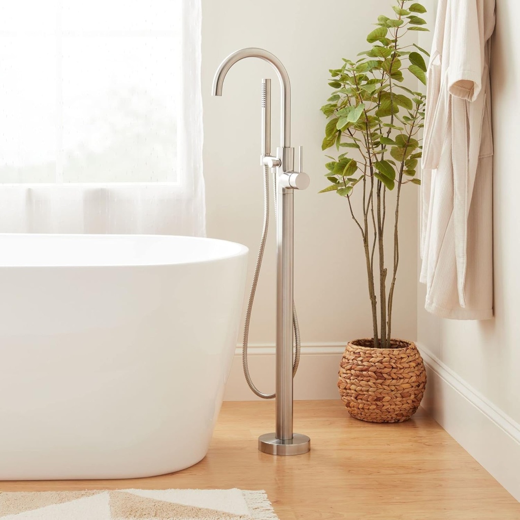 Signature Hardware 483806 Lexia Floor Mounted Tub Filler Faucet - Includes Hand Shower and Valve - Brushed Nickel