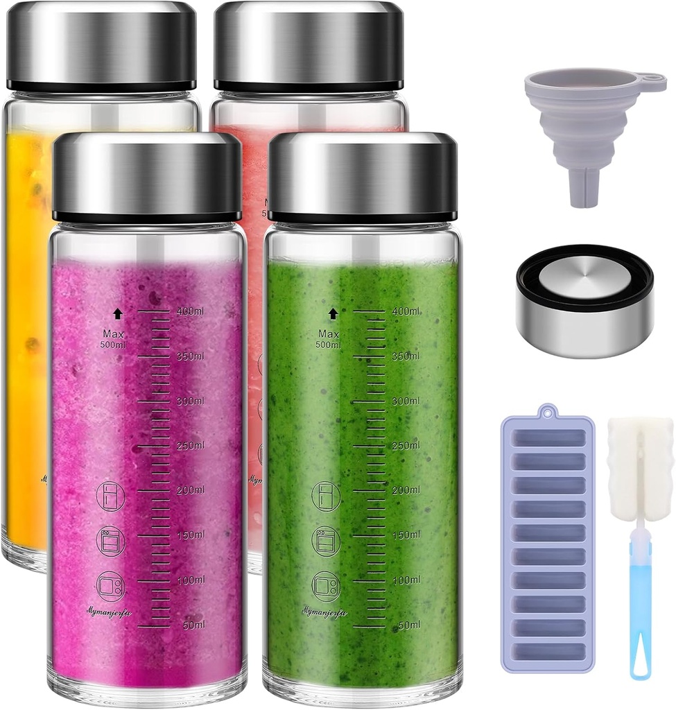 KesaPlan 4 Pack 16 oz Glass Juice Bottles, Wide Mouth Glass Juicing Bottles with Lids, Reusable Water Bottle for Milk, Juicing, Beverage, Protein, Smoothie, Stainless Steel Lids, Leak-proof, BPA Free