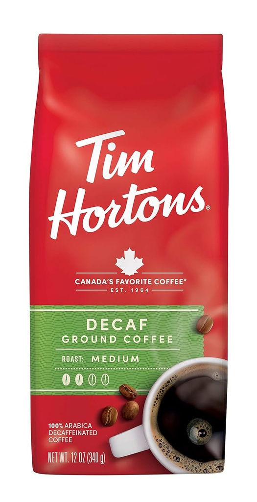 Tim Horton's 100% Arabica Medium Roast, Decaffeinated, Ground Coffee, 12 Ounce