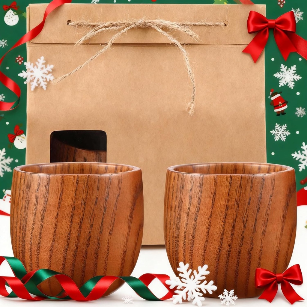 Yinder Wooden Whiskey Glasses Set of 2, Christmas Cup Gift, Bourbon Cup with Kraft Bag for Whiskey Sake Tea Home Bar, Christmas Anniversary Wedding Birthday Gifts, Oktoberfest Party Supplies