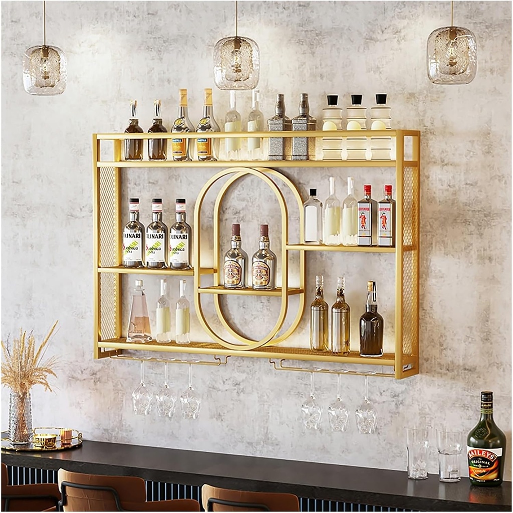 Floating with LED Light and Hanging Wine Glass Holder Wall Mounted Metal Shelves for Liquor Bottle Display and Storage Ideal for Bar Wine Cellar Kitchen Decor Black/Gold