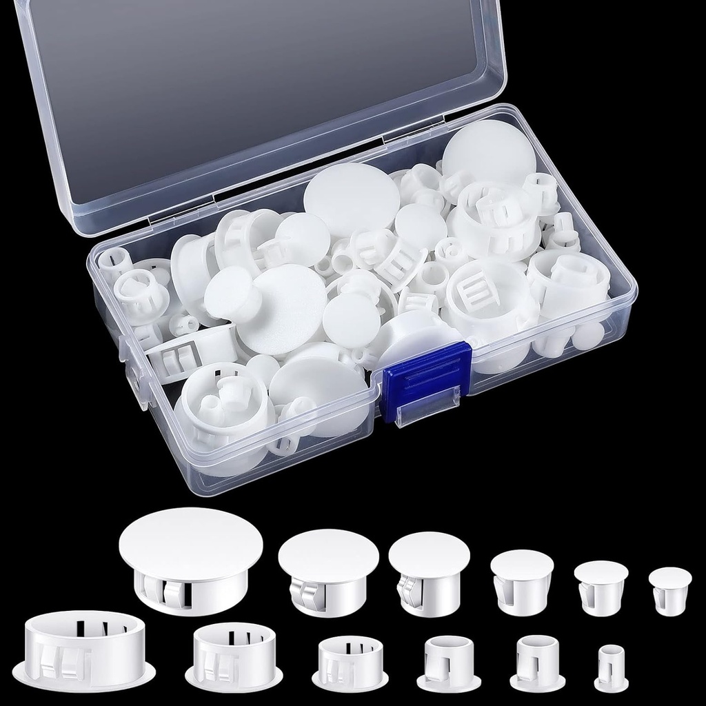 Yingzhao 6 Sizes Plastic Hole Plugs White Panel Knockout Locking Plugs Round Drill Screw Hole Covers for Kitchen Cabinet Furniture,1/4“, 1“, 3/16“, 5/16“, 3/8“, 1/2“(135 Pcs)