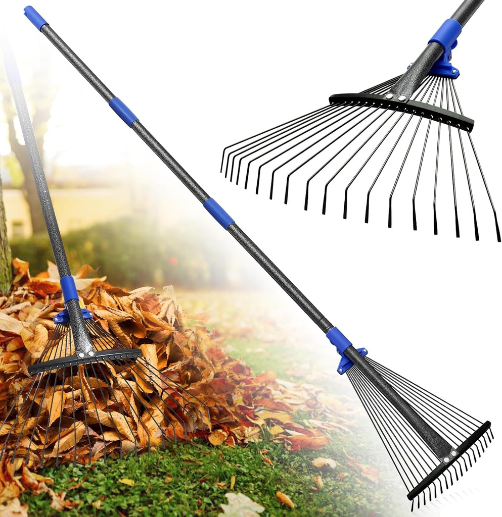 Rake for Leaves: Adjustable Metal Leaf Rake for Lawn, 8-17" Expandable Head, 45” Long Handle,Collapsible Heavy Duty Women Kids Garden Rakes for Yard Pine Needles Mulch Grass Debris Gardening Camping