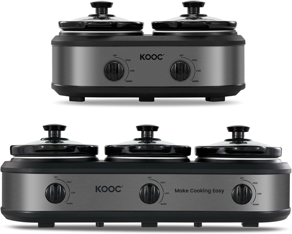 KOOC Double Small Slow Cooker 2x1.25 Quart Individual Temp Control, Grey, Round + Triple Slow Cooker Buffet Server 3x1.5 Quart Individual Temp Control With Lid Rests & Spoons Grey